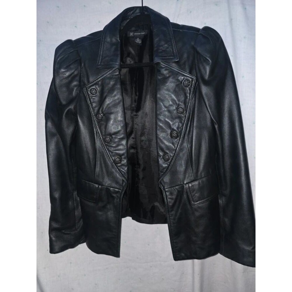 INC Genuine Leather Military Blazer Jacket Puff Sleeve Black Size M